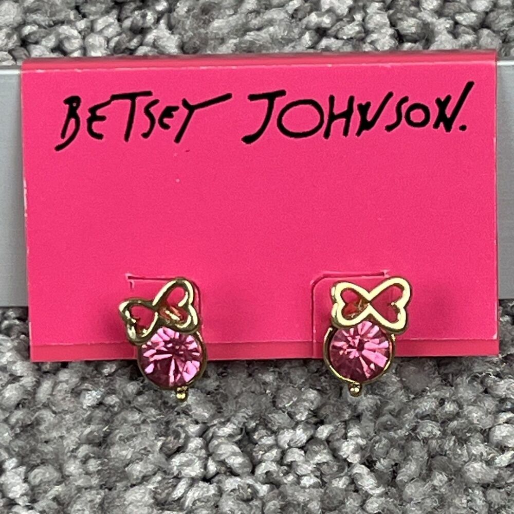 Betsey Johnson Pink Bow Stud Earrings Gold Tone Rhinestone Womens Jewelry Cute - Picture 3 of 7